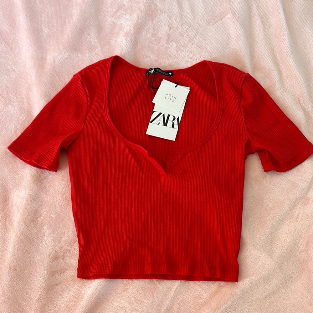 Zara Red Fitted Crop Blouse
